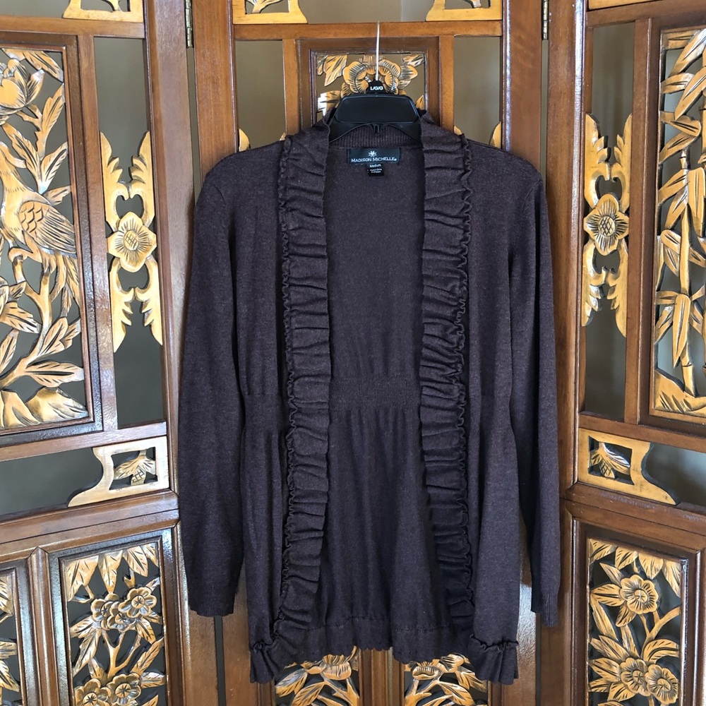 Madison Michelle Pleated Ruffle Trim Knit Cardigan